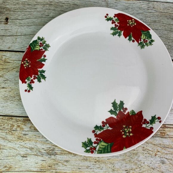 Gibson NOBLE POINSETTIA Red Floral Holly Rim Smooth Lunch Salad Plates Set of 4 - Picture 8 of 11